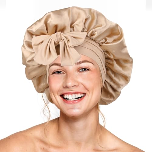 XRACEPHOL Double Layer Satin Sleep Bonnet with Adjustable Tie Band for Curly Hair, Gold