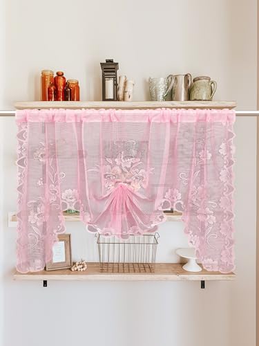 Jayla Pink Floral Lace Curtain Swag, Semi-Sheer Kitchen Valance 39x39 Inch