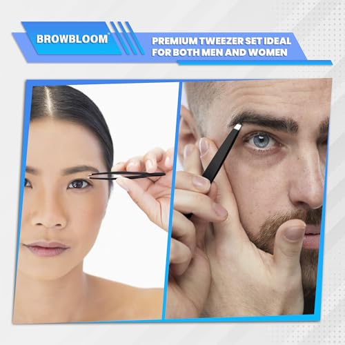 BROWBLOOM 4-Piece Stainless Steel Professional Eyebrow Tweezers Set with Pouch