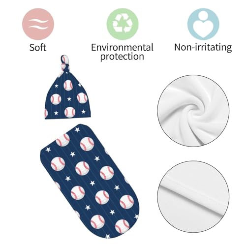Lcokin Baseball Print Baby Swaddle Blanket and Newborn Hat Set (0-6 Months)