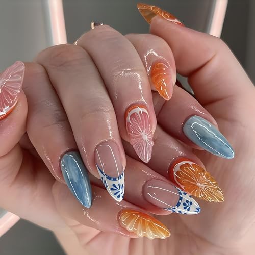 Posyofet 24Pcs Summer French Tip Almond Press On Nails with Fruit Design