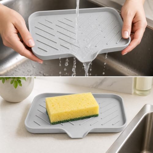 Grey Silicone Soap Dish Set - Self-Draining Kitchen & Bathroom Organizer