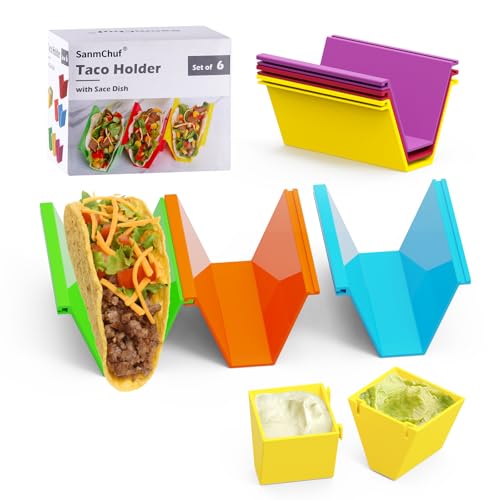 Microwave Safe Taco Holder Set of 6 with Sauce Cups - Colorful & Stackable