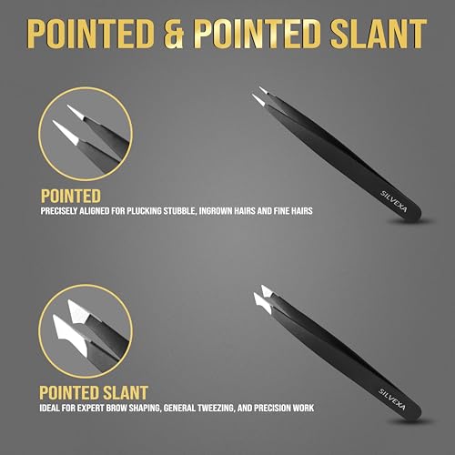 SILVEXA 4-in-1 Stainless Steel Precision Tweezers Set for Eyebrows and Ingrown Hair