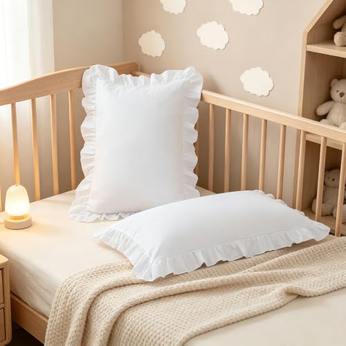 Sewdudely White Ruffle Toddler Pillowcase 14"x20" - Set of 2 Soft Microfiber