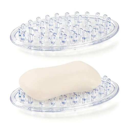HPOPO Self-Draining Soap Dish Holder, Clear Plastic 2-Pack Set