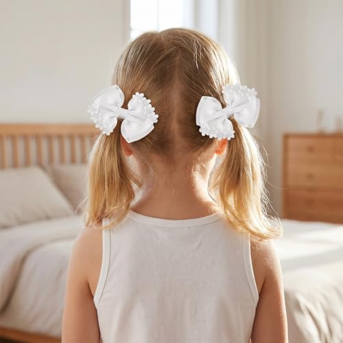 Quvvarly White Hair Bows with Faux Pearl - 2PCS Floral Hair Clips