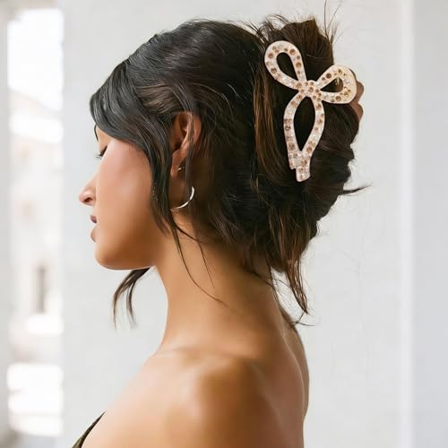 AWAYTR Rhinestone Bow Hair Claw Clip 4.3 Inch for Thick Hair