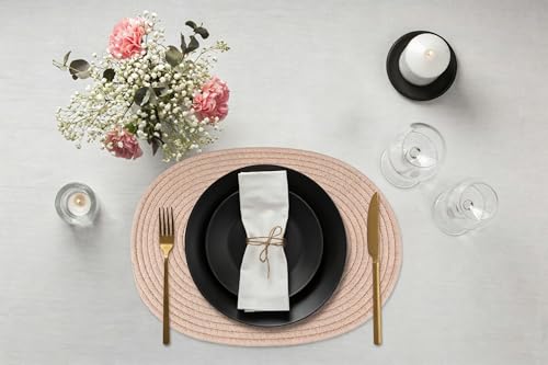 Brown Handmade Boho Placemats Set of 6 Oval - Natural Woven Cotton Farmhouse Table Mats for Dining, Fall, Halloween, Thanksgiving, Christmas