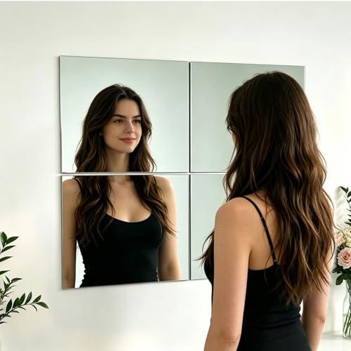 4-Piece Self-Adhesive Glass Wall Mirror Tiles, 8 x 10 Inch Frameless Decor
