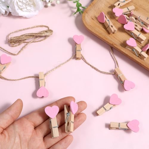 20 Pink Heart Wooden Clothespins with Jute Rope for Photos