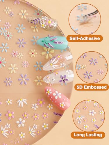 EBANKU 5D Embossed Flower Nail Stickers with Tweezers Spring Floral Decals