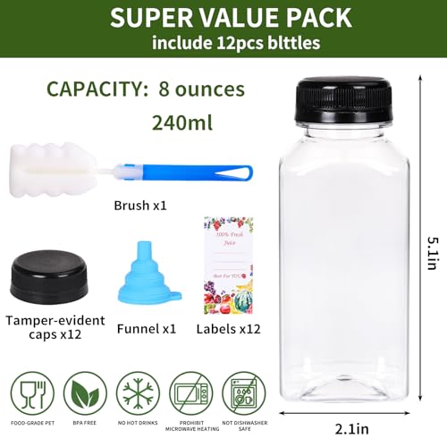 SUPERLELE 12pcs 8oz Plastic Juice Bottles with Tamper-Evident Caps