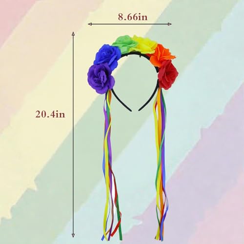 Rainbow Pride Flower Crown Headband with Ribbon Boho Festival Hair Access