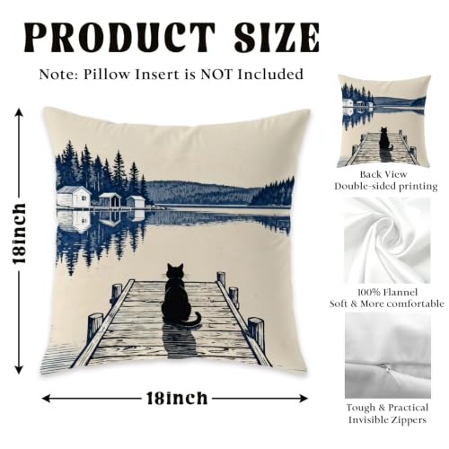 Black Cat Lake House Throw Pillow Cover, 18x18 Coastal Flannelette