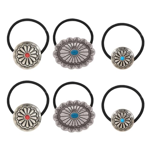 6Pcs Western Turquoise Hair Rope Rubber Band Metal Hair Accessories