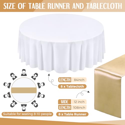 Tudomro 16 Pcs White and Gold Tablecloth & Satin Runner Set - Wedding & Party Decor