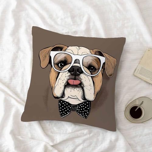 oFloral Bulldog in Glasses Throw Pillow Cover - 18x18 Inch Decorative Cushion