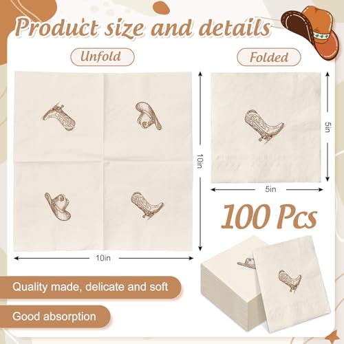 Whaline Western Cowboy Cocktail Napkins - 50 Pcs, Brown Boot & Hat Design