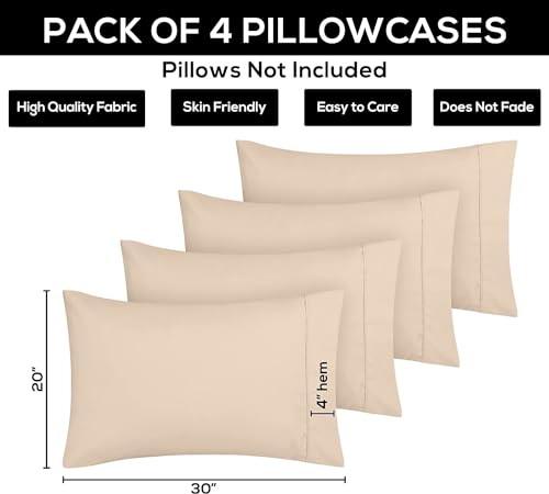 Ultra Soft Microfiber Pillow Cases Set of 4 - 20x26 inches, Beige