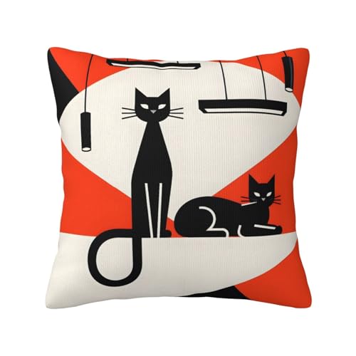 Mid-Century Modern Black Cat Throw Pillow Cover 18"x18"
