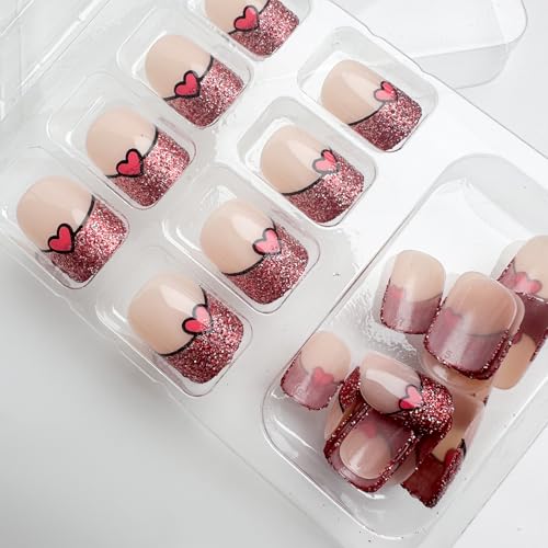Valentine Press on Nails Short Square False Nails with Red Heart Design