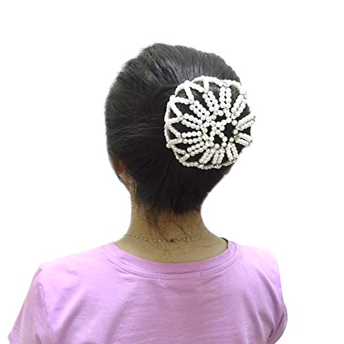 Honbay Pearl Rhinestone Hair Bun Cover Elastic Crochet Net - White