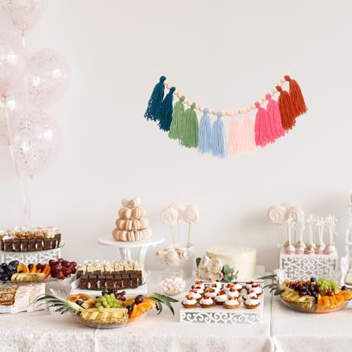 Boho Tassel Garland Yarn Bunting Banner with Wood Beads for Nursery Wall Decor