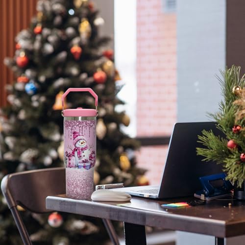 Pink 30oz Christmas Tumbler with Handle & Straw - Snowman Insulated Drinkware