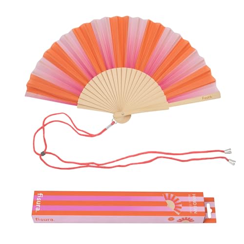 Fisura Colorful Pink and Orange Stripe Wooden Folding Fan with Wrist Strap – Summer Travel & Beach Accessory