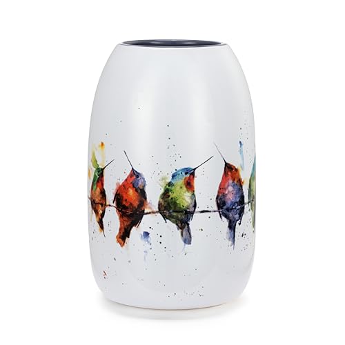 DEMDACO Dean Crouser Collection Watercolor Hummers On A Wire Colorful 7 x 4.5 Stoneware Decorative Bud Floral Flower Vase Container Vessel