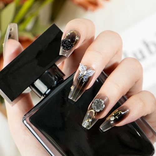 Biutee Long French Tip Press on Nails Black Bows Rhinestone False Nails