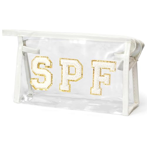 Clear SPF Cosmetic Bag Waterproof PVC Varsity Letter Makeup Pouch White
