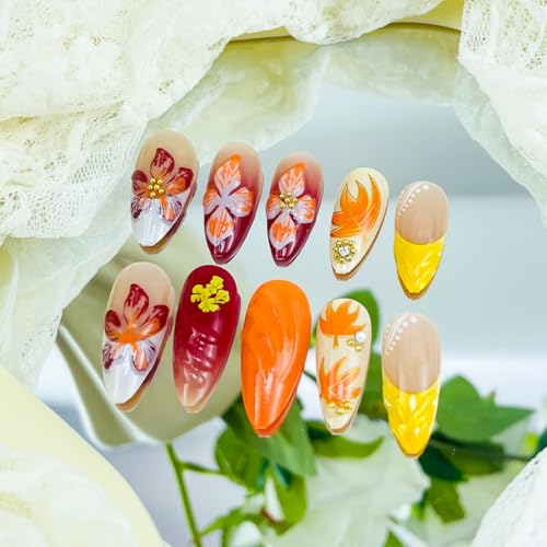BUNLVDI Medium Almond French Press on Nails with Fall Maple Leaf and Gold Star Design