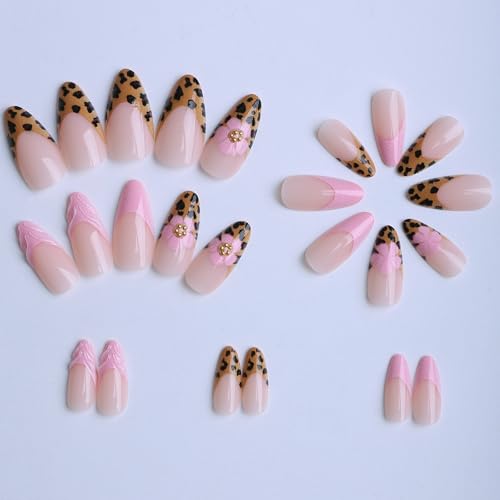 Leopard French Tip Press on Nails Medium Almond Fake Nails 3D Pearl