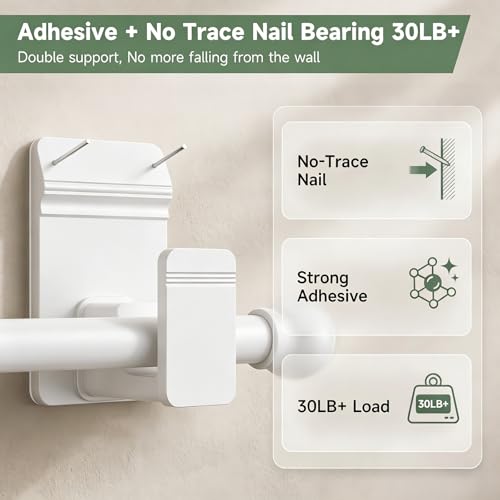 EKOTTOK No Drill Curtain Rod Brackets for 5/8" Rods - 2PC White, Heavy Duty, Damage-Free