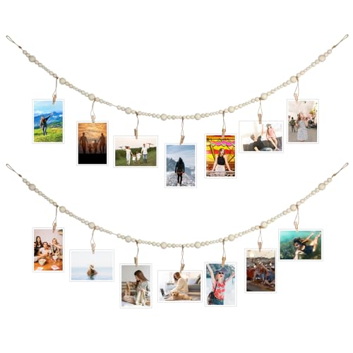 4 Ft Wooden Bead Garland Photo Display with Clips - Boho Room Decor