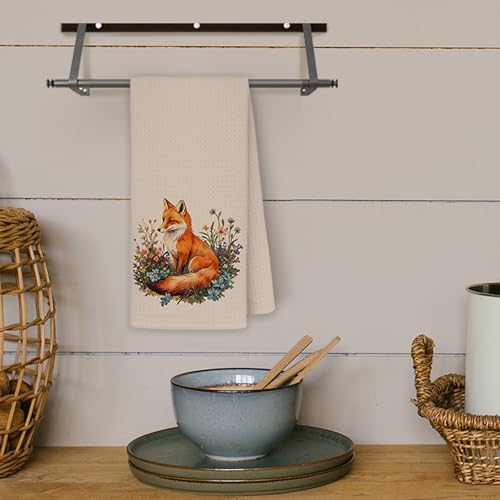JINYO Fox Floral Kitchen Towels - Beige Foxes Decor Tea Dish Towels 16x24 Inches