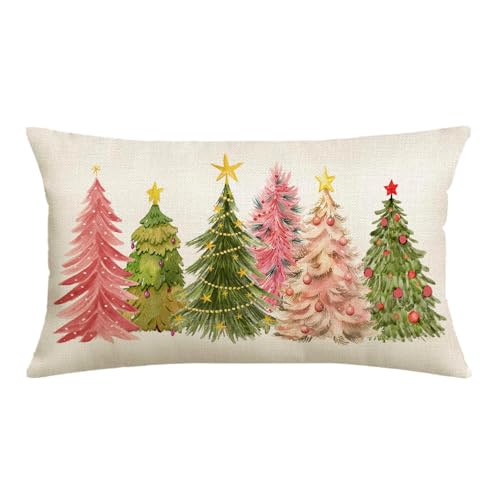 Pink Green Christmas Pillow Cover 12x20 Inch | Watercolor Tree Design