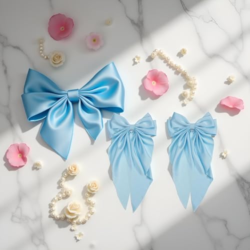 Light Blue Jumbo Silky Satin Hair Bow Barrettes with Long Tails (2-Pack)