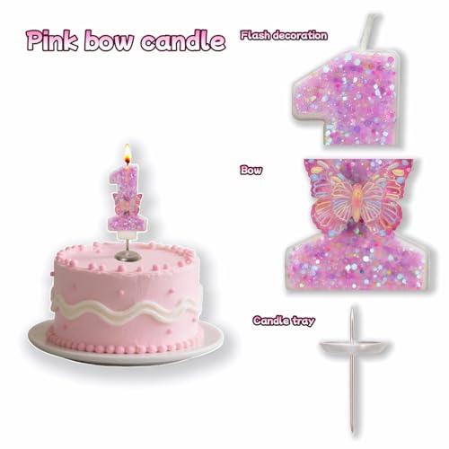 Pink Glitter Number 1 Birthday Candle with Butterfly Accent