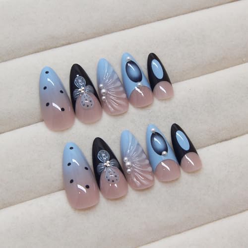 French Tip Press On Nails Long Almond Blue Black False Nails 24Pcs