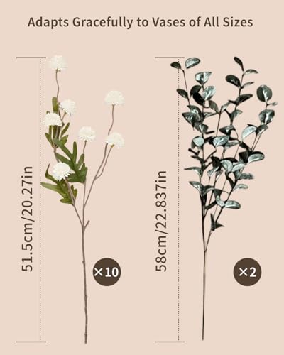 10 Pcs White Silk Mini Chrysanthemum Artificial Flowers with Eucalyptus Stems
