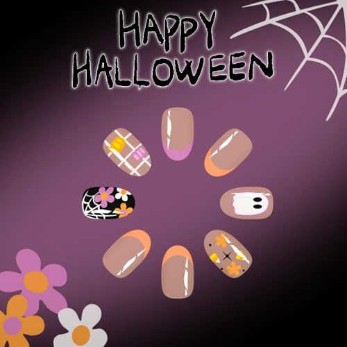 Halloween Press on Nails Short Almond Fake Nails Ghost Bat Design 24Pcs