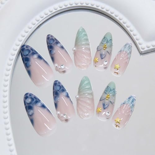 Medium Almond Press on Nails Blue Flower False Nails with Pearl Starfish Rhinestones Reusable Acrylic Nails