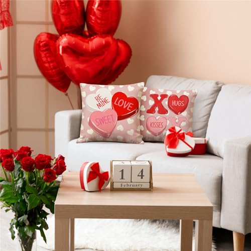 Valentine's Day Throw Pillow Covers 18x18 - Set of 4 Heart Candy Designs