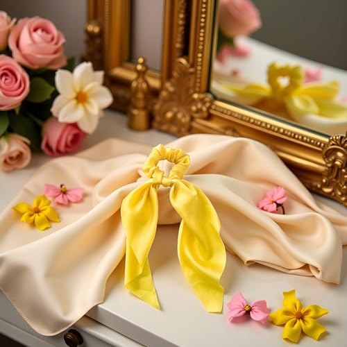 Yellow Satin Bow Scrunchies 2-Pack Ribbon Hair Ties