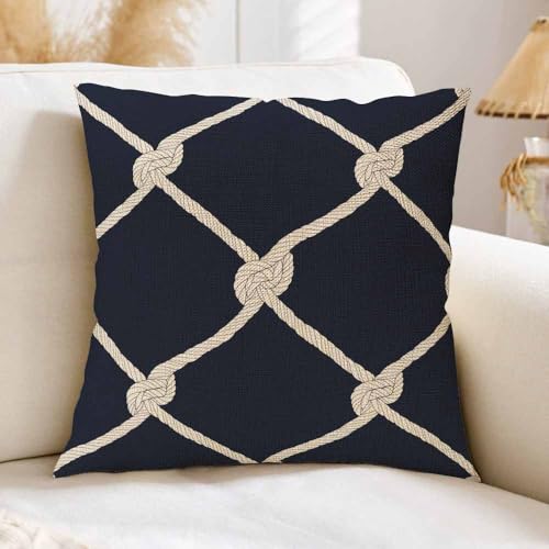 Nautical Rope Throw Pillow Cover 18x18, Maritime Navy Blue Cushion Case