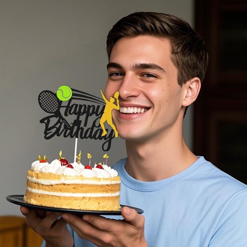 Tennis Birthday Cake Decoration - Black Racket Topper for Parties