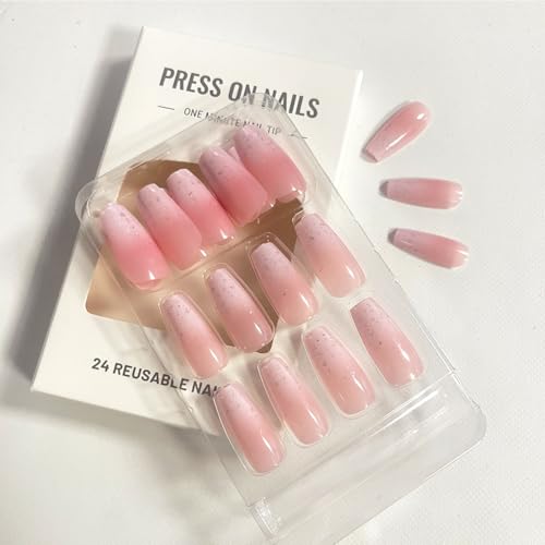 Pink White Ombre Coffin Press on Nails with Glitter - 30 Pcs